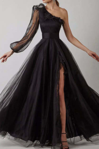 Black One Shoulder A-Line Long Sleeve Prom Gown