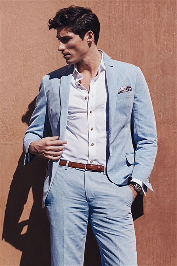 Fashion Casual Sky Blue Summer Linen Beach Two-Piece Wedding Suits for Men