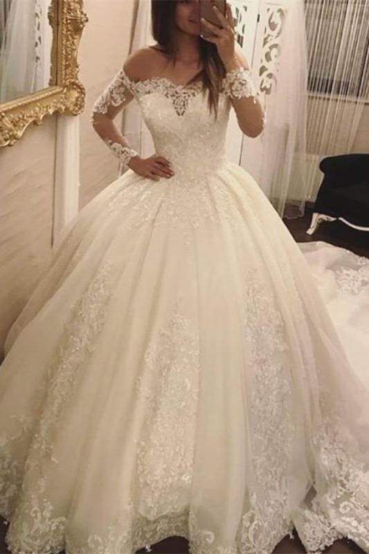 Long Sleeves Off-the-Shoulder Ball Gown Wedding Dress with Lace Appliques