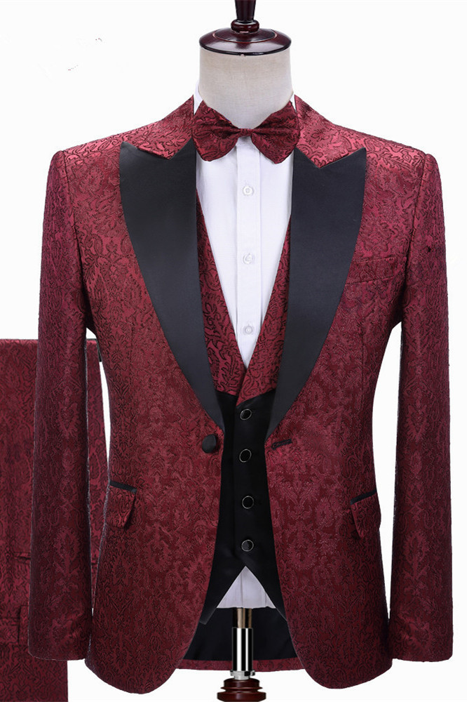 Classic Three-Piece Burgundy Jacquard Peaked-Lapel Wedding Tuxedo