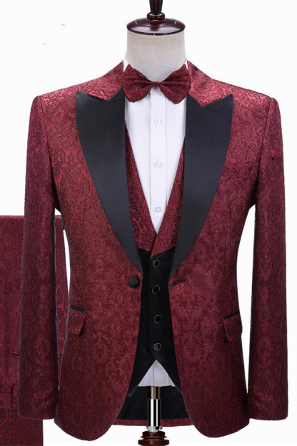 Classic Three-Piece Burgundy Jacquard Peaked-Lapel Wedding Tuxedo