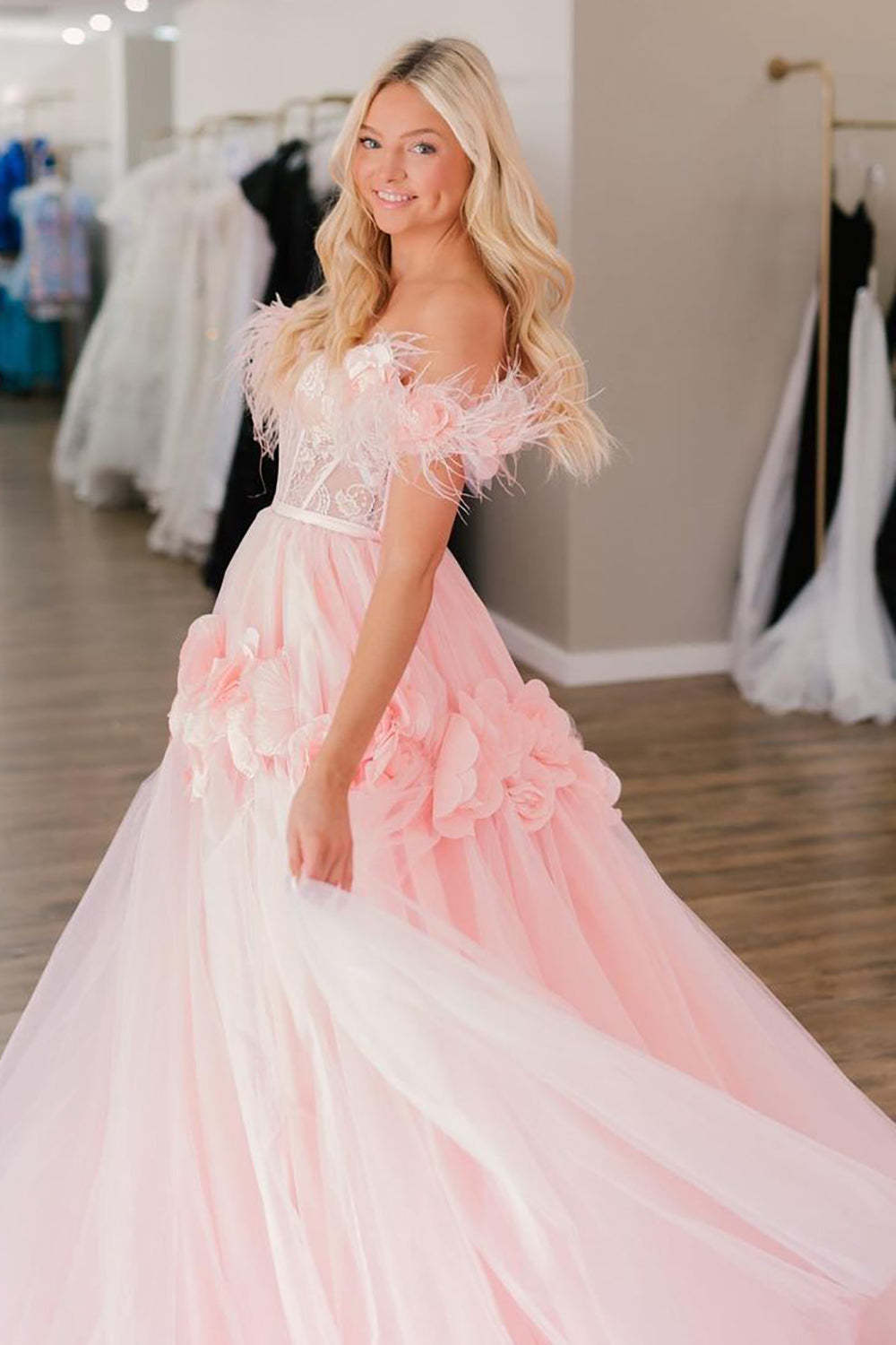 Pink Off-the-Shoulder Princess A-Line Corset Prom Dress with Feather