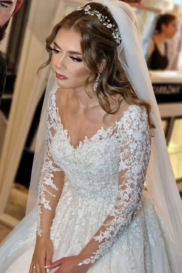 Stunning White V-Neck Lace A-Line Wedding Dress with Long Sleeves