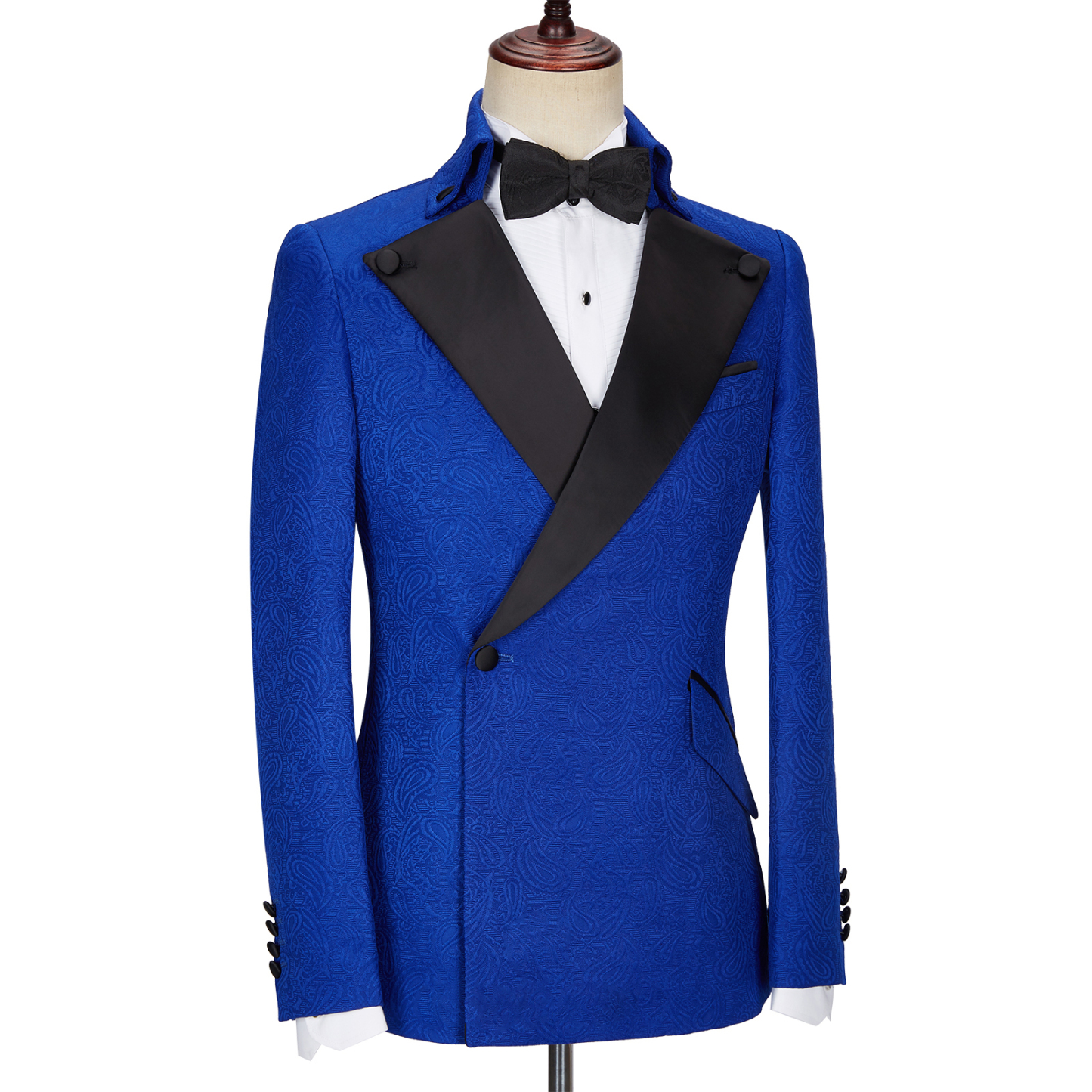 New Arrival Royal Blue Fashion Black Lapel Wedding Suits with Jacquard