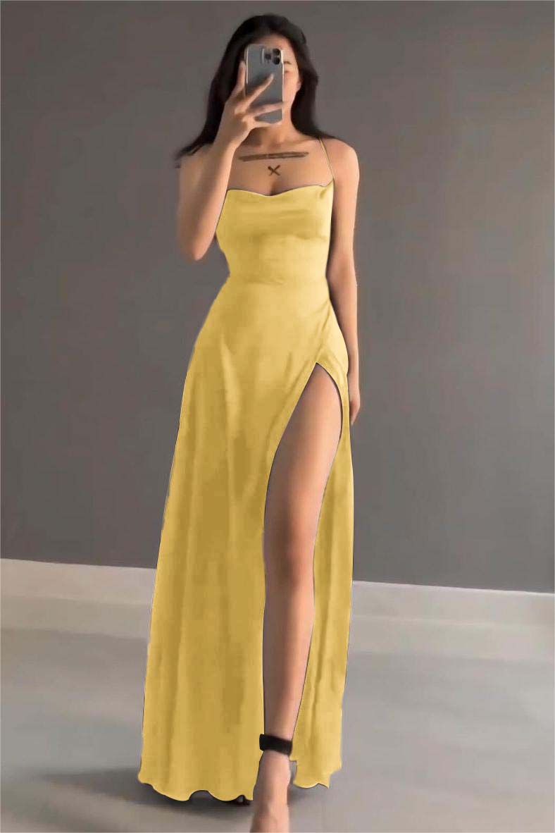 Simple Black Stain Spaghetti Strap Sleeveless Long Formal Dress With Split