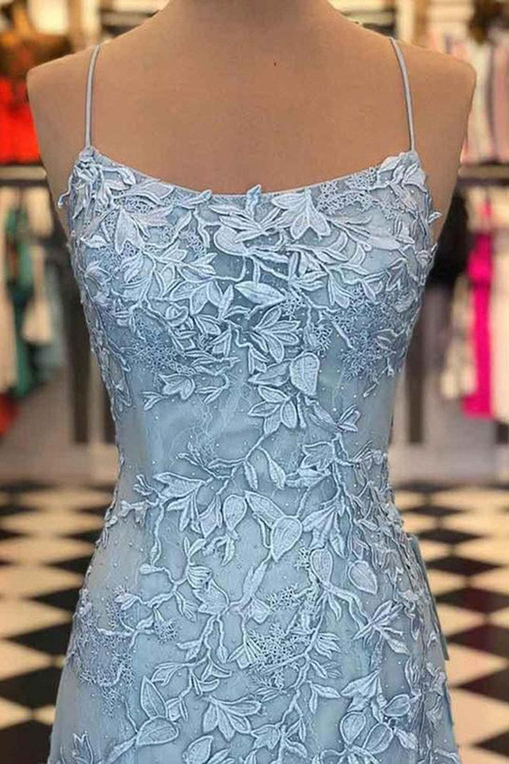 Prom Dress with Blue Spaghetti Straps and Backless Appliques