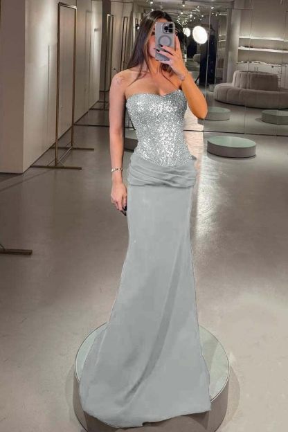 Strapless Sleeveless Long Mermaid Formal Dress With Pleated Sequins