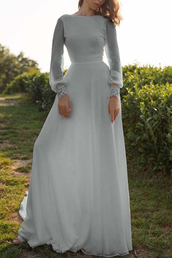 Tulle Bateau Long Sleeves Boho Wedding Dress A-Line Open Back