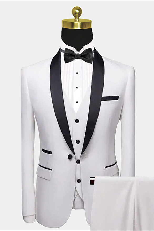 Classic White Shawl Lapel and Pocket Edge Wedding Tuxedos with Black Satin
