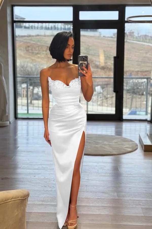 Strapless Sleeveless Long Split Formal Dress With Pleated Sequins