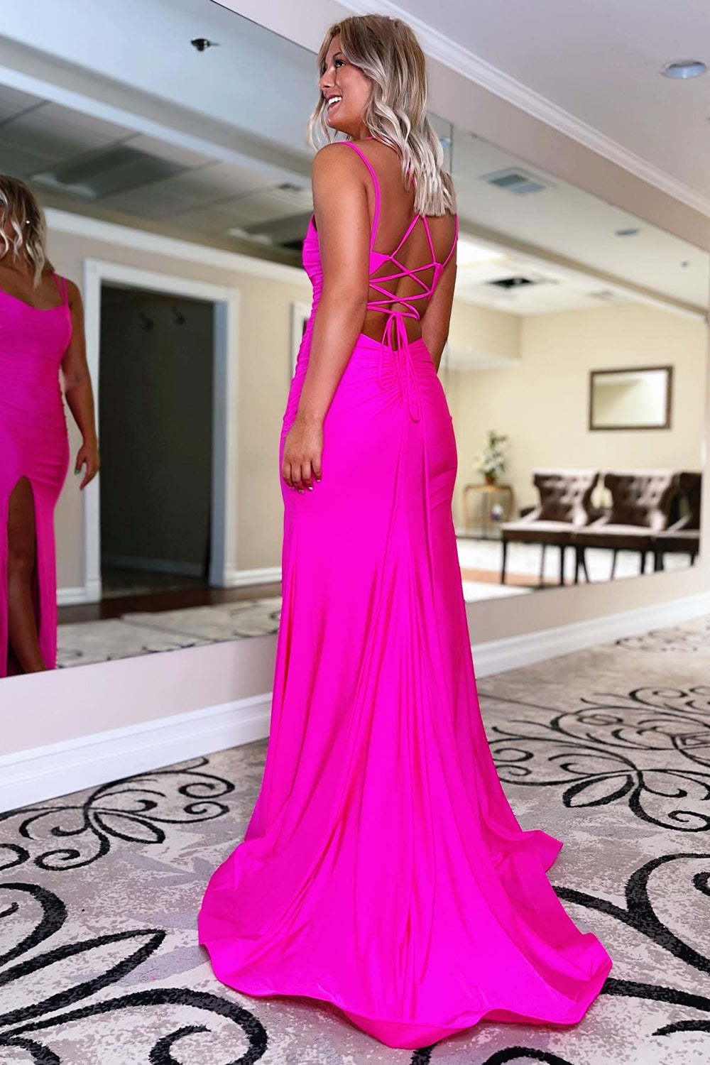 Prom Dress in Blue with Lace-Up Detail and Slit