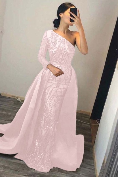 Dark Green Overskirt One Shoulder Long Sleeve Mermaid Formal Dress With Sequins