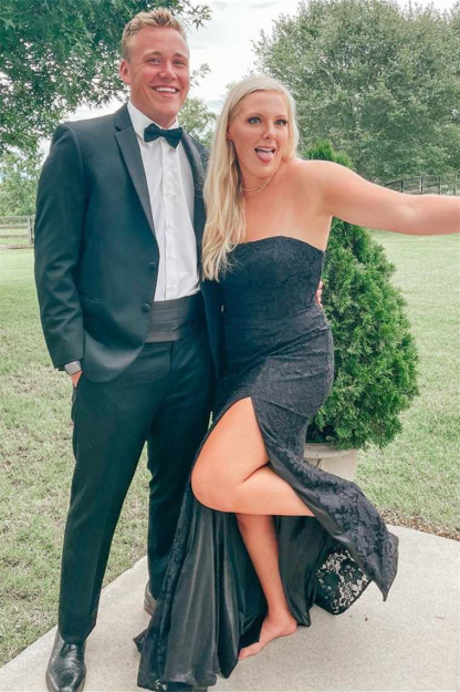 Charming Black Strapless Split Mermaid Evening Dress With Appliques