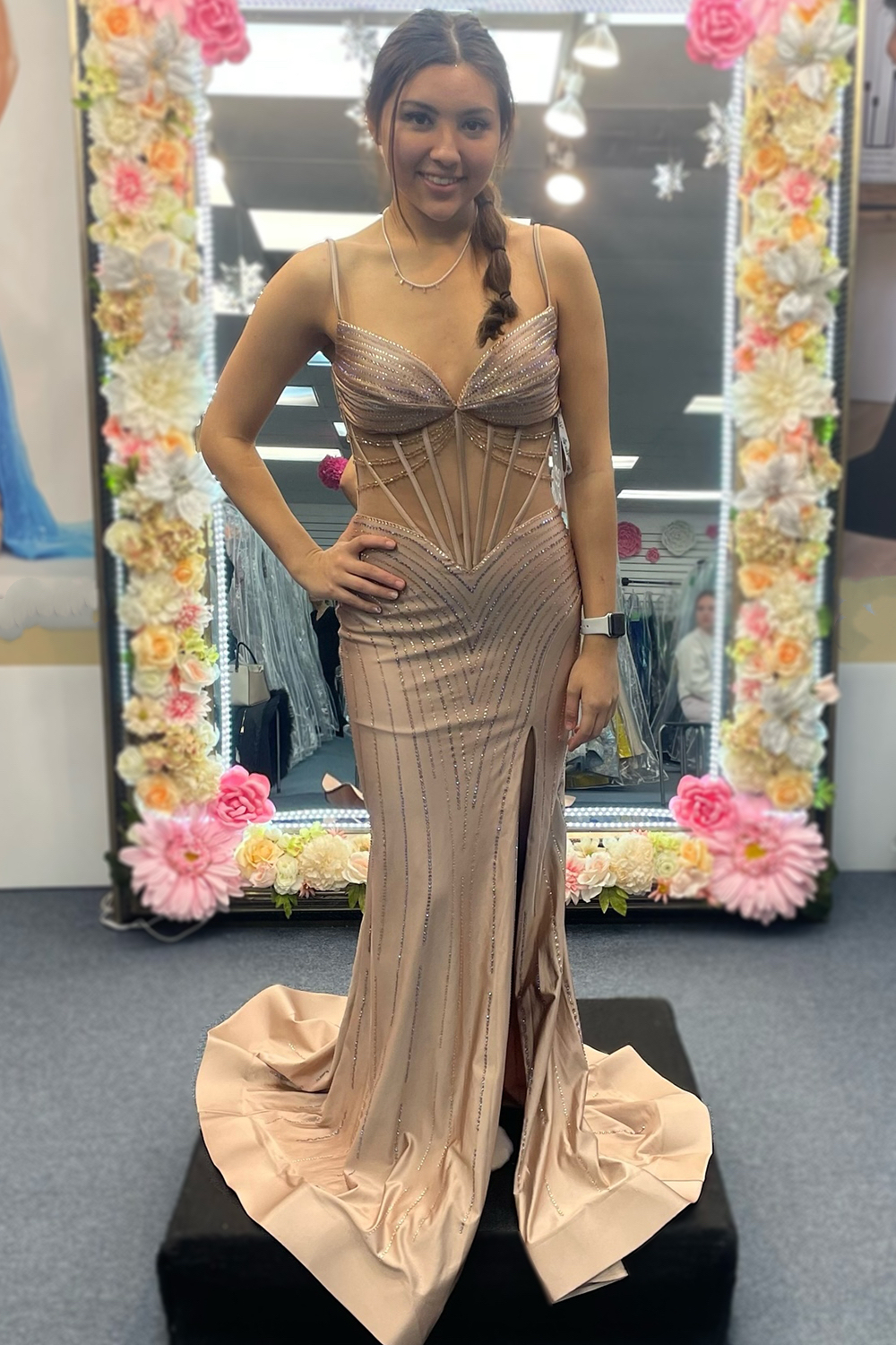 Long Black Corset Prom Dress with Mermaid Silhouette and Spaghetti Straps Featuring a Slit