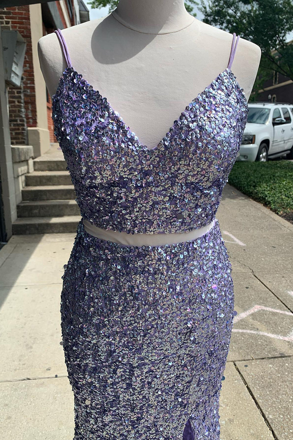 Light Blue Sequined Two-Piece Mermaid Prom Dress Featuring a Slit