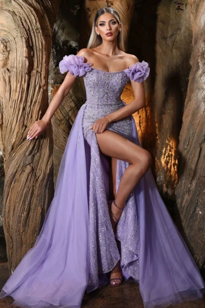 Lavender Off the Shoulder Sleeveless Split Long Formal Dress With Beadings