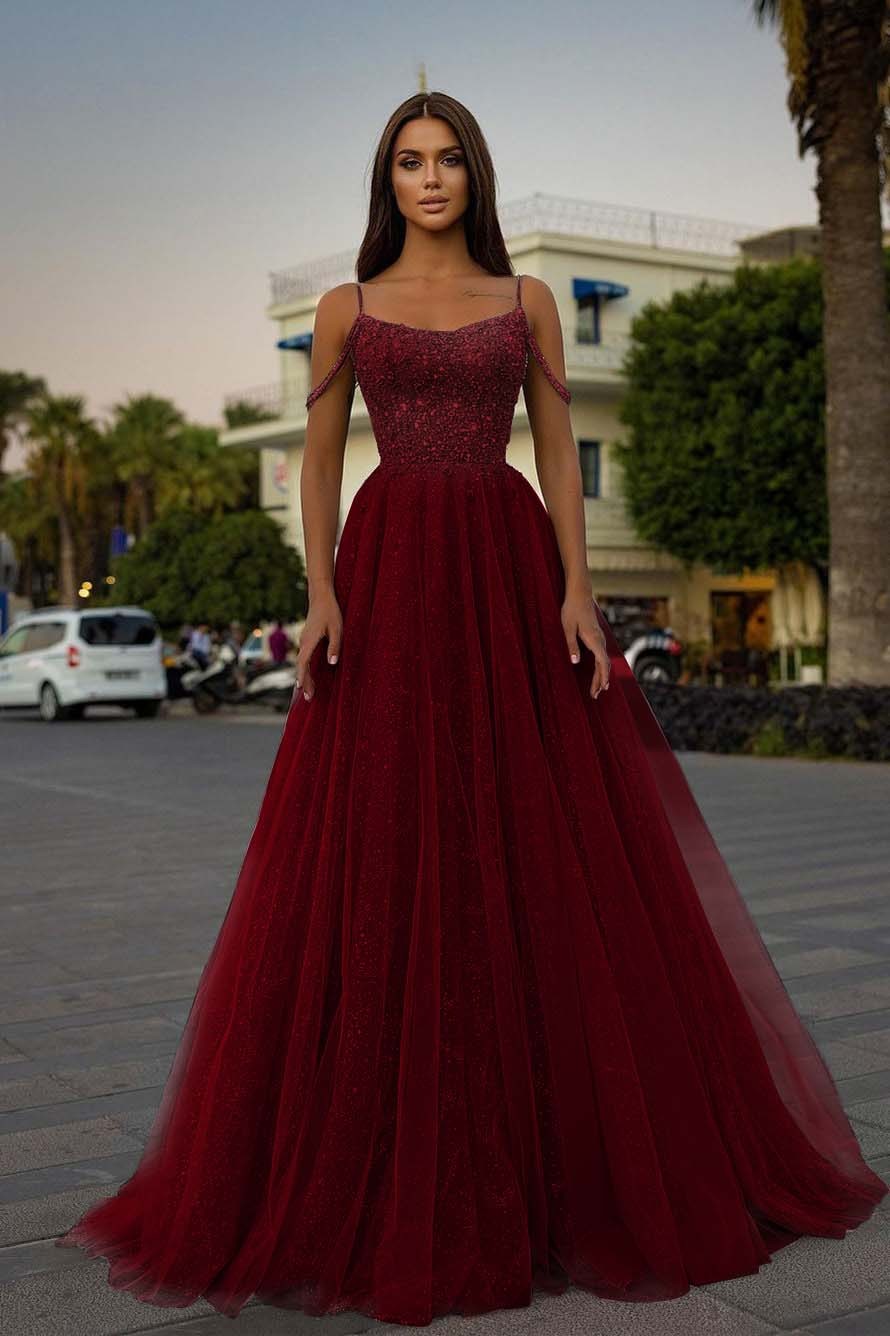 Tulle Spaghetti Strap Sleeveless A Line Long Formal Dress With Sequins Beads