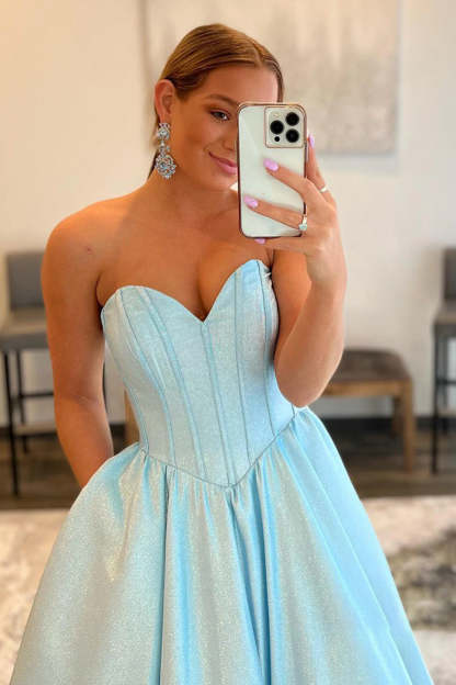 Blue Strapless Sweetheart A-Line Long Prom Gown