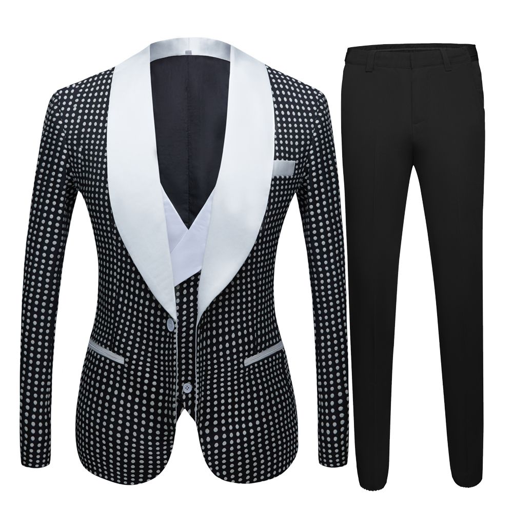 Modern Slim Fit Black Dot Shawl Lapel Wedding Suit for Men