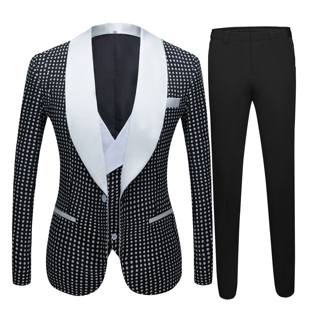 Modern Slim Fit Black Dot Shawl Lapel Wedding Suit for Men