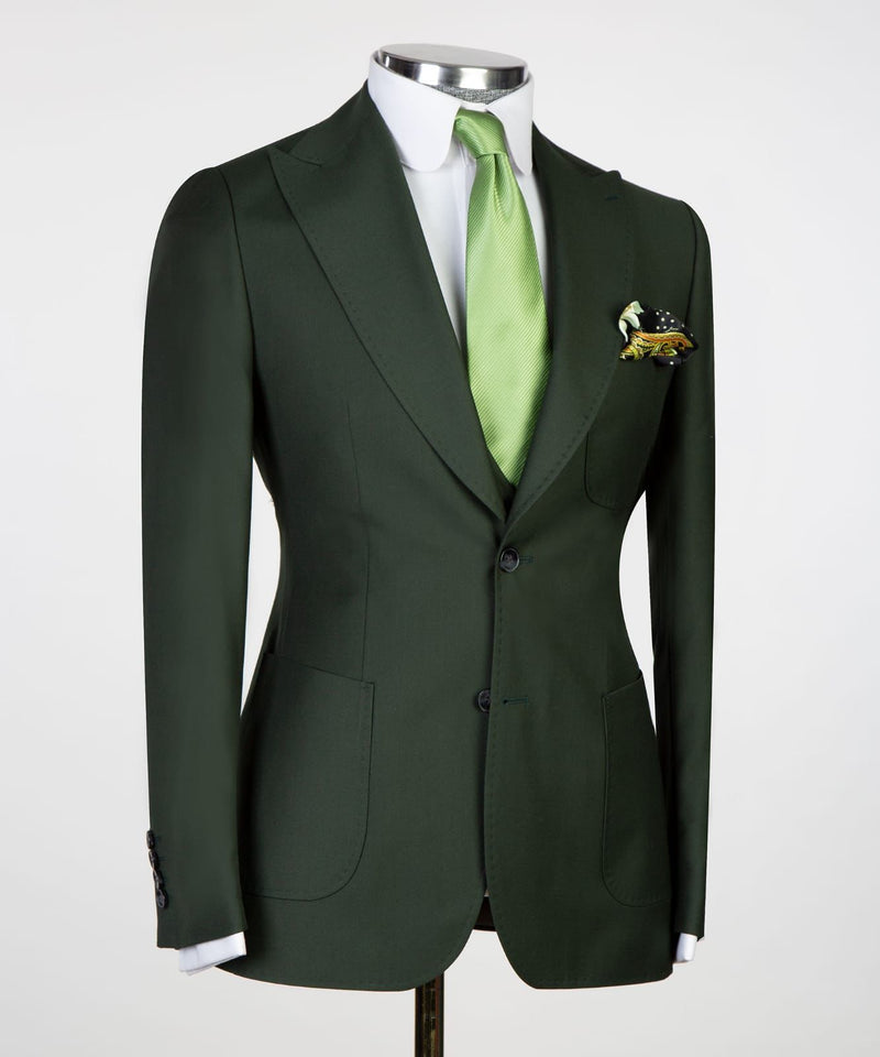 Chic Dark Green Three-Piece Peaked Lapel Business Men's Suits