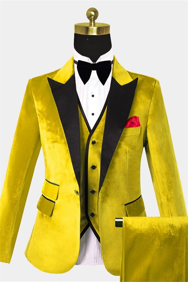 Chic Slim Fit Yellow Velvet Three-Piece Tuxedo for Men