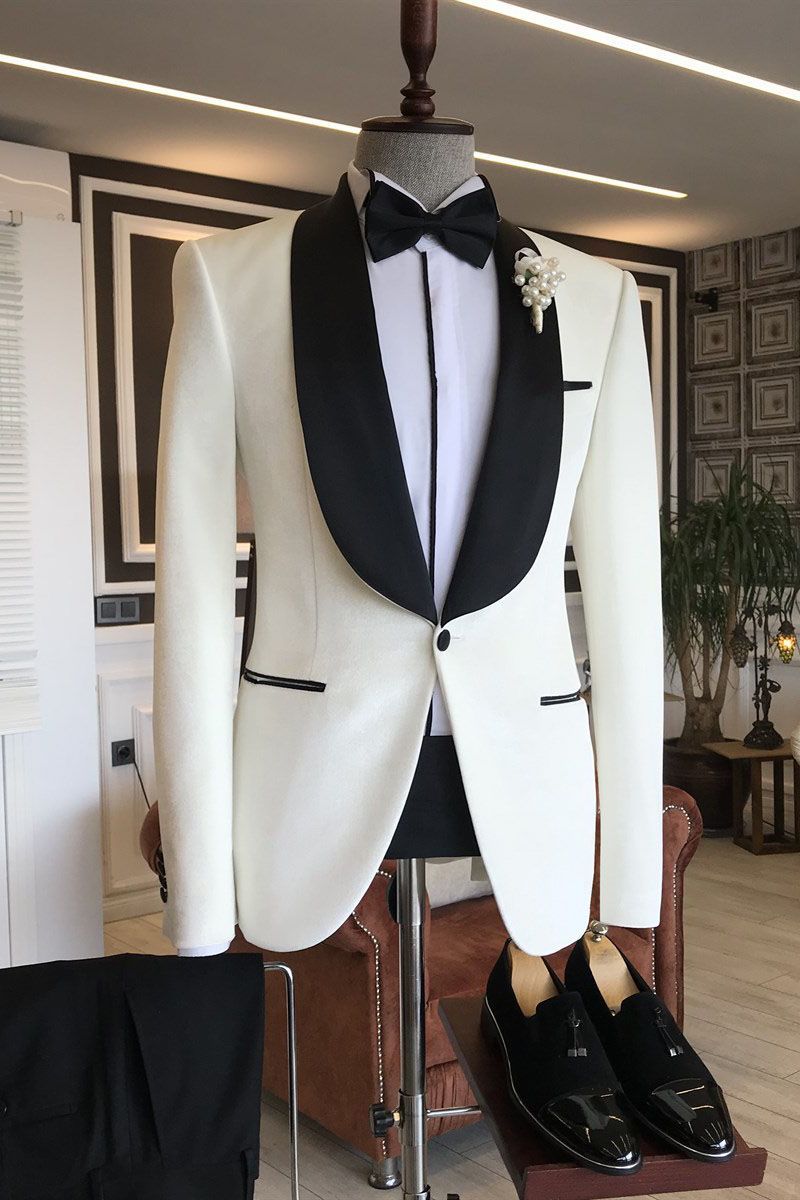 Simple White Shawl-Lapel Wedding Suit for Grooms (Elegant Design)