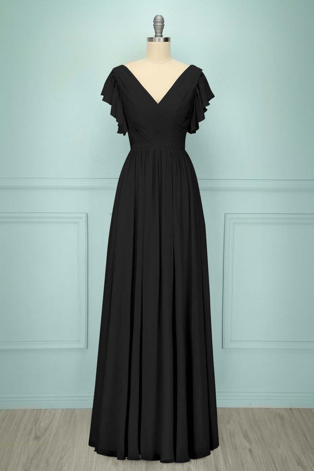 Chiffon V Neck Sleeveless Long Formal Dress With Pleated Ruffle