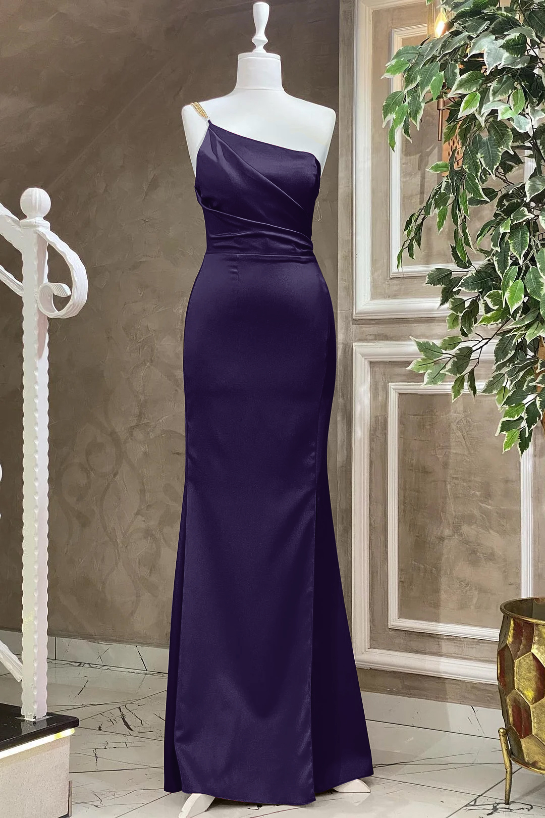 Fuchsia One Shoulder Floor Length Evening Dress With Pleat Mermaid