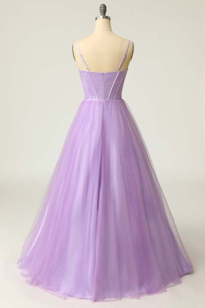 Light purple long prom dress with spaghetti straps in an A-line cut
