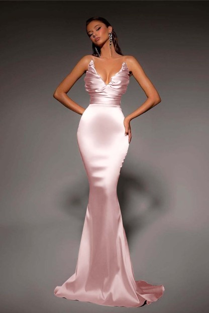 Strapless V Neck Sleeveless Long Mermaid Formal Dress With Pleated