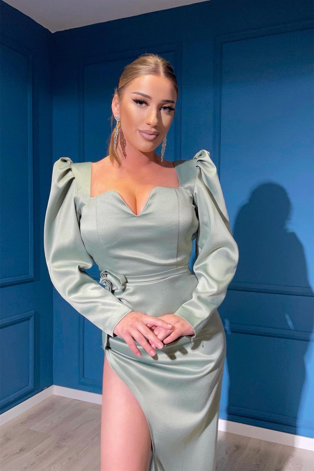 Dusty Sage Long Sleeves Front Split V-Neck Evening Dress Elegant