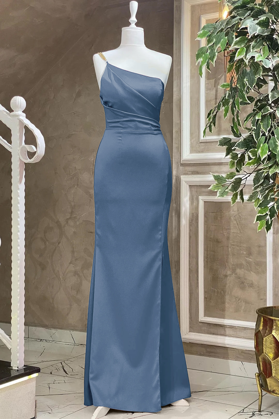 Fuchsia One Shoulder Floor Length Evening Dress With Pleat Mermaid