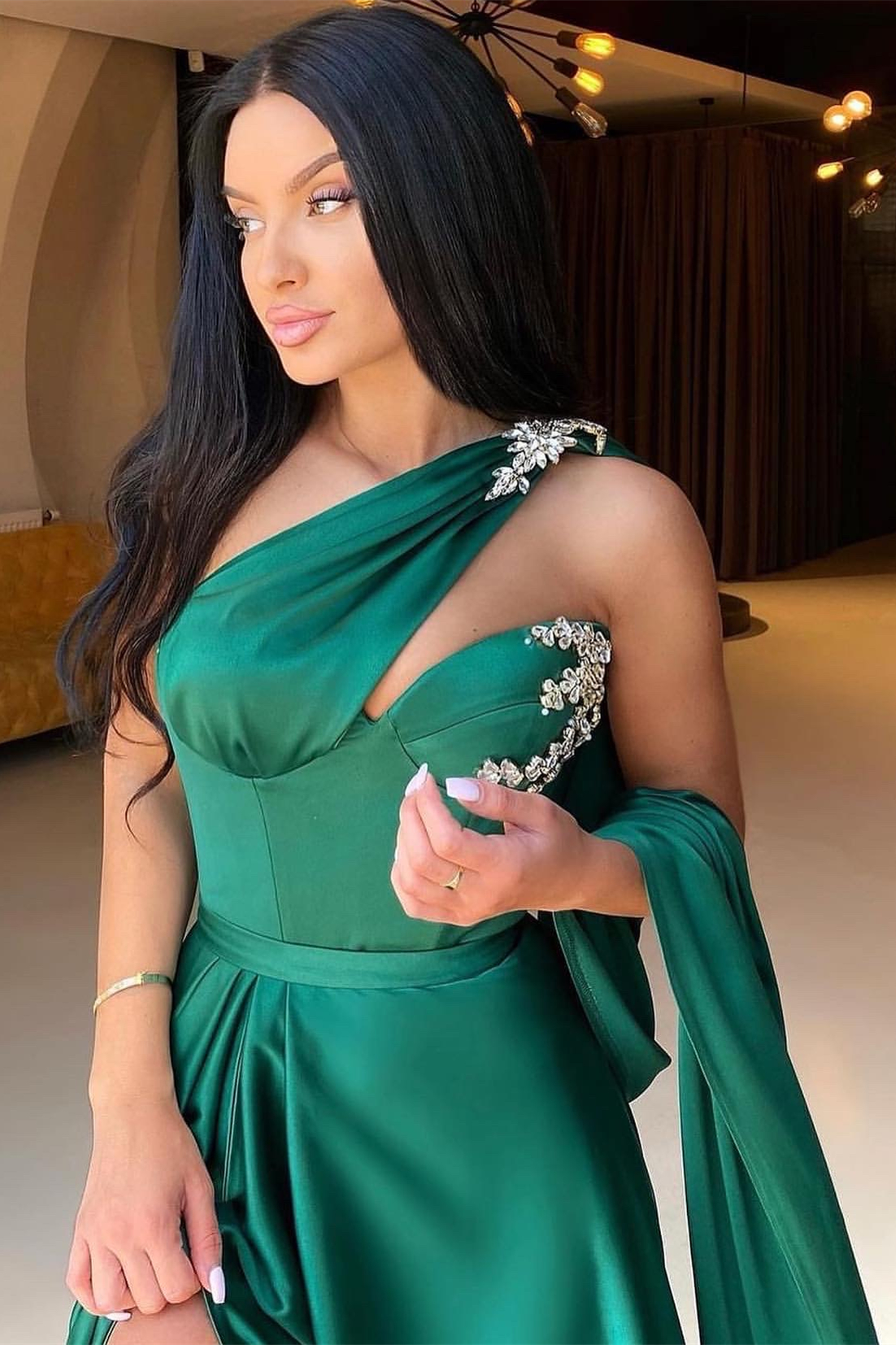 Dark Green Split One-Shoulder Evening Dress Mermaid With Beadings