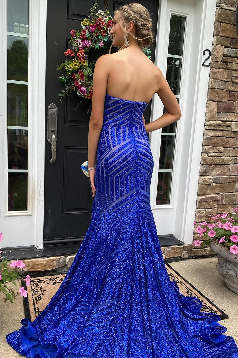 Long Strapless Prom Dress with Sky Blue Sequins