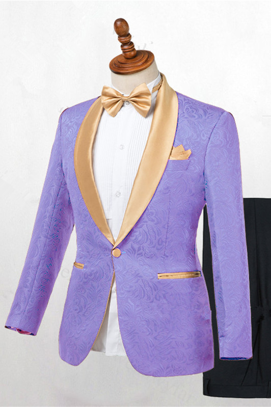 Stylish Lilac Floral Jacquard Shawl Lapel Wedding Suit