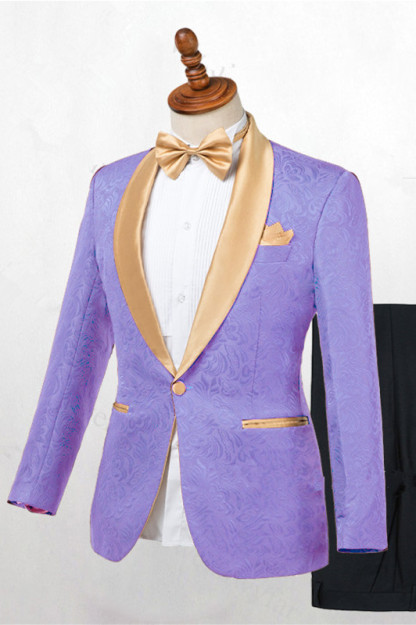 Stylish Lilac Floral Jacquard Shawl Lapel Wedding Suit