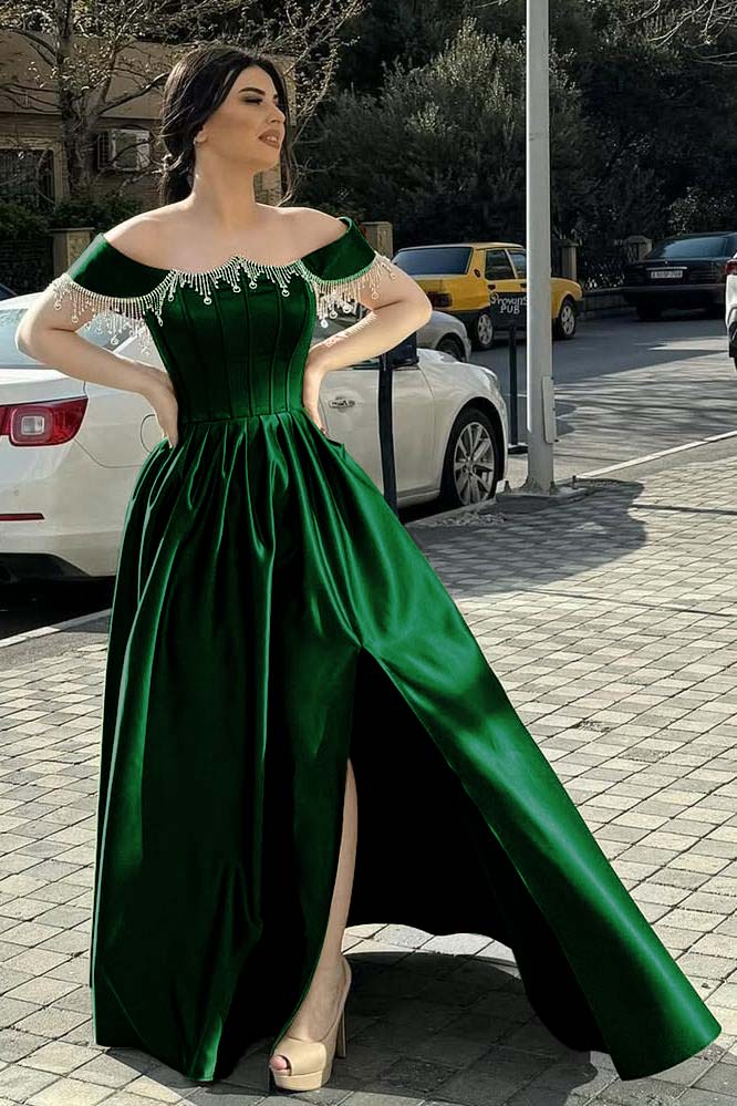 Off the Shoulder Sleeveless Long Split Formal Dress With Pleated Beading