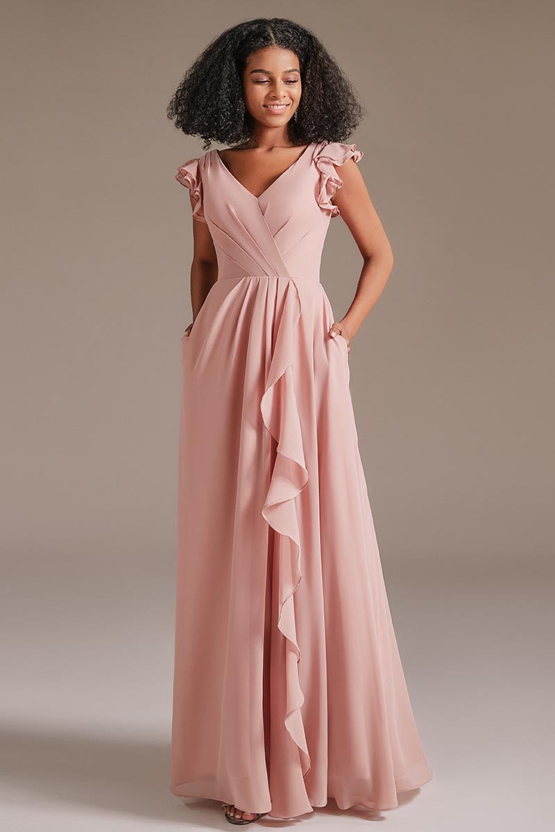 Dusty Rose Ruffles Sleeves Bridesmaid Dress with Pockets