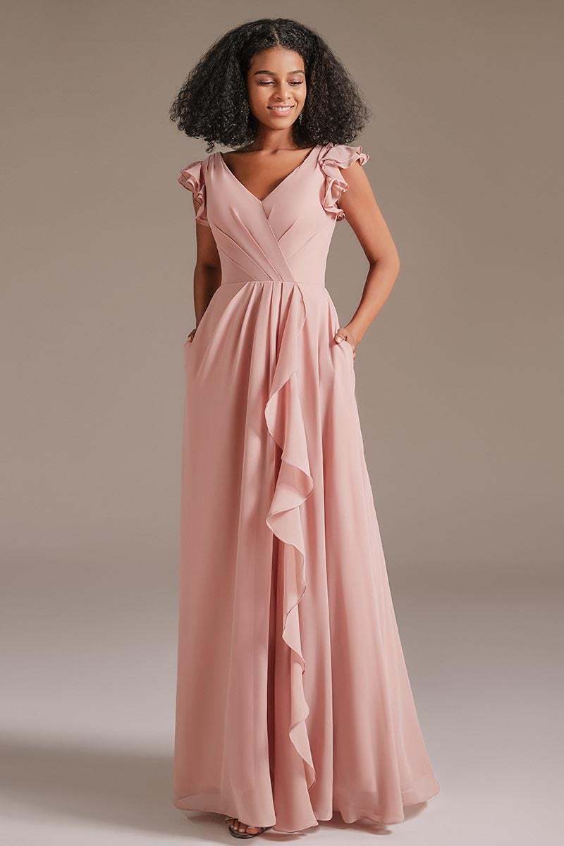 Dusty Rose Ruffles Sleeves Bridesmaid Dress with Pockets