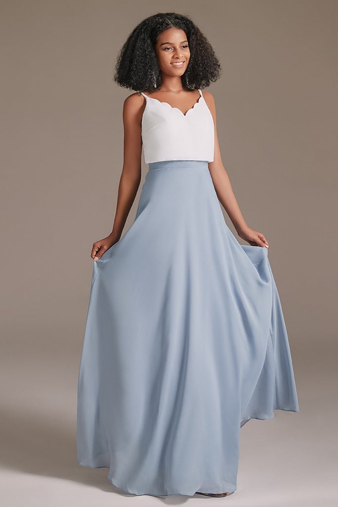 Spaghetti-Straps White and Blue Bridesmaid Dress