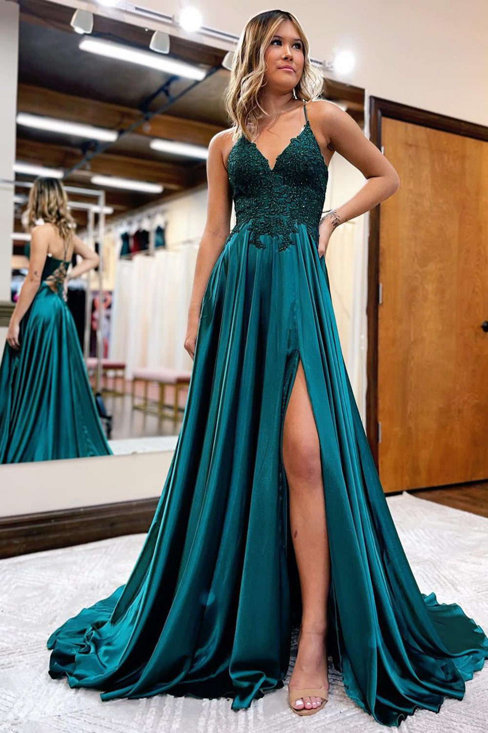 Long Green Prom Dress with Spaghetti Straps and Appliques in an A-Line Silhouette