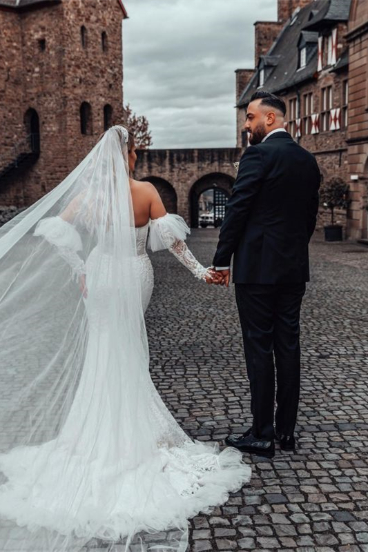Bubble Mermaid Sleeves Sweetheart Long Wedding Dress with Lace