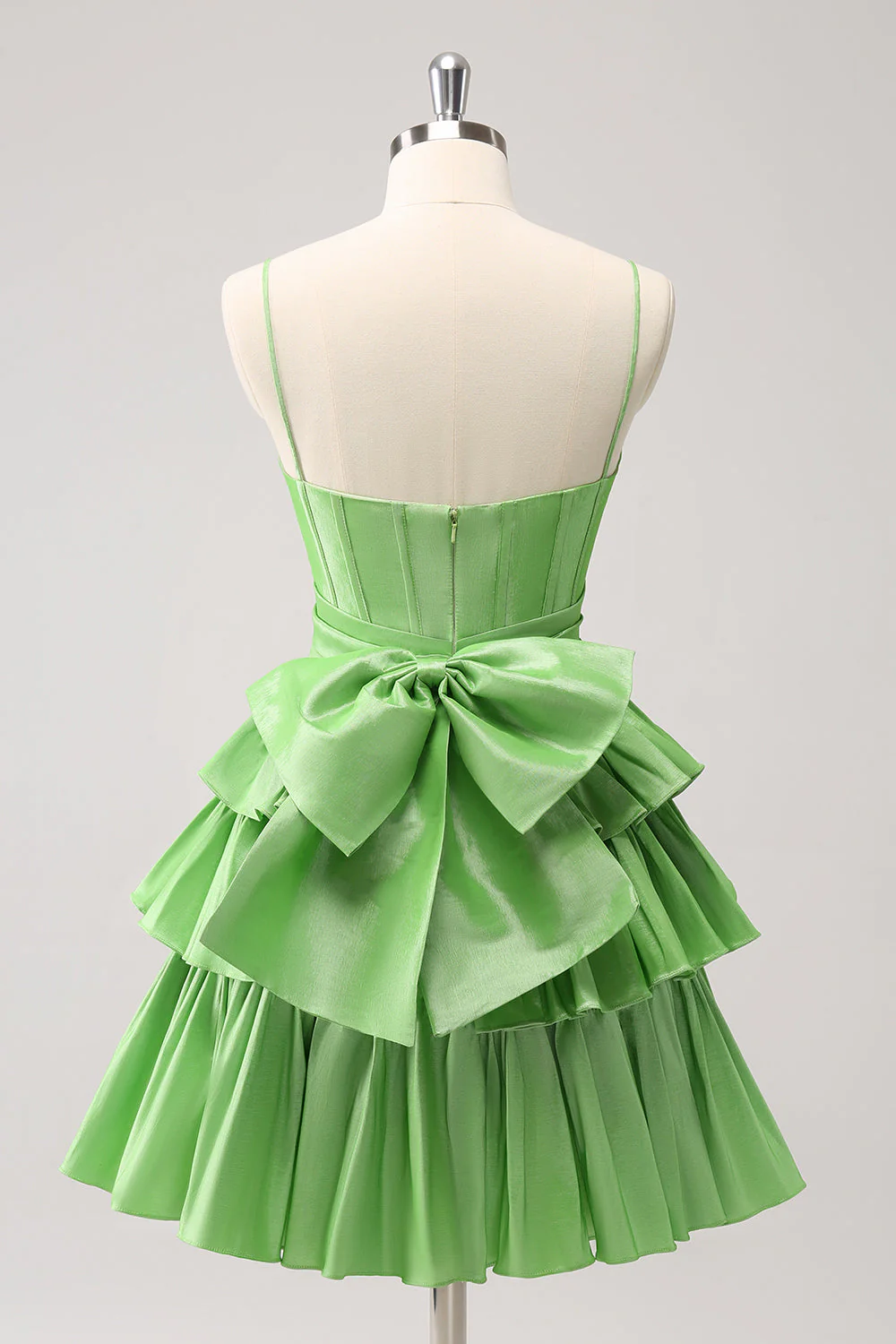 Bright Green Tiered Short Mini cocktail Dress With Bow