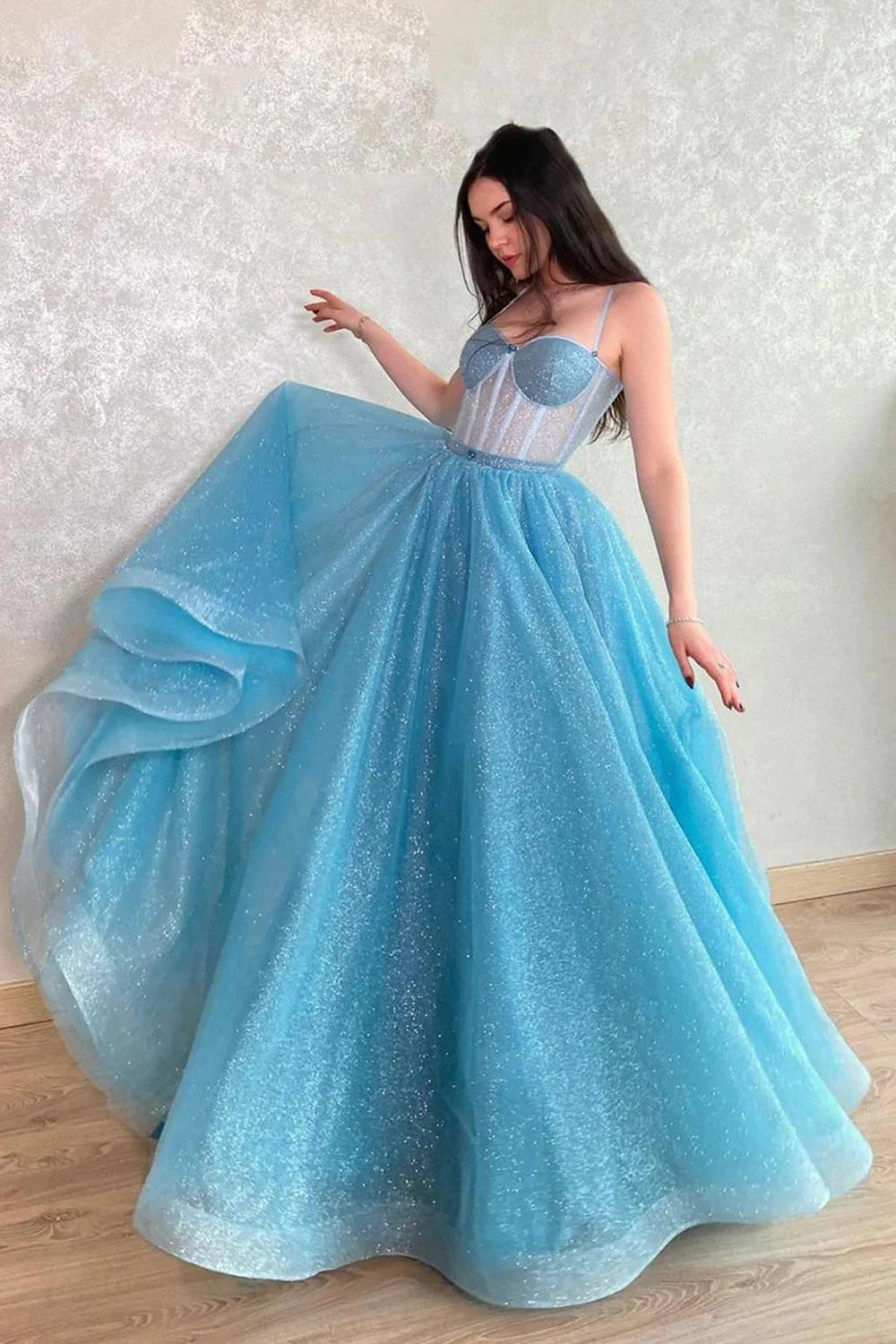 Light Blue Sequins Long Prom Dress with Bling A-Line Spaghetti Straps