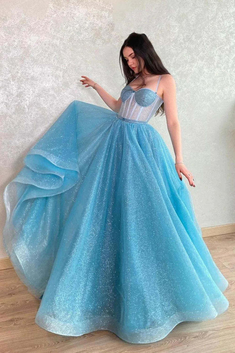Light Blue Sequins Long Prom Dress with Bling A-Line Spaghetti Straps