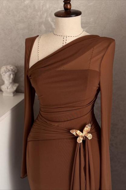 One Shoulder Long Sleeves Long Mermaid Formal Dress With Pleated