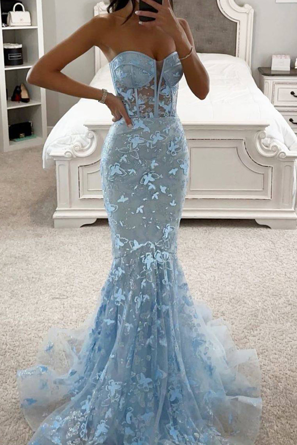 Elegant Blue Mermaid Sweetheart Corset Prom Dress Featuring Embroidery