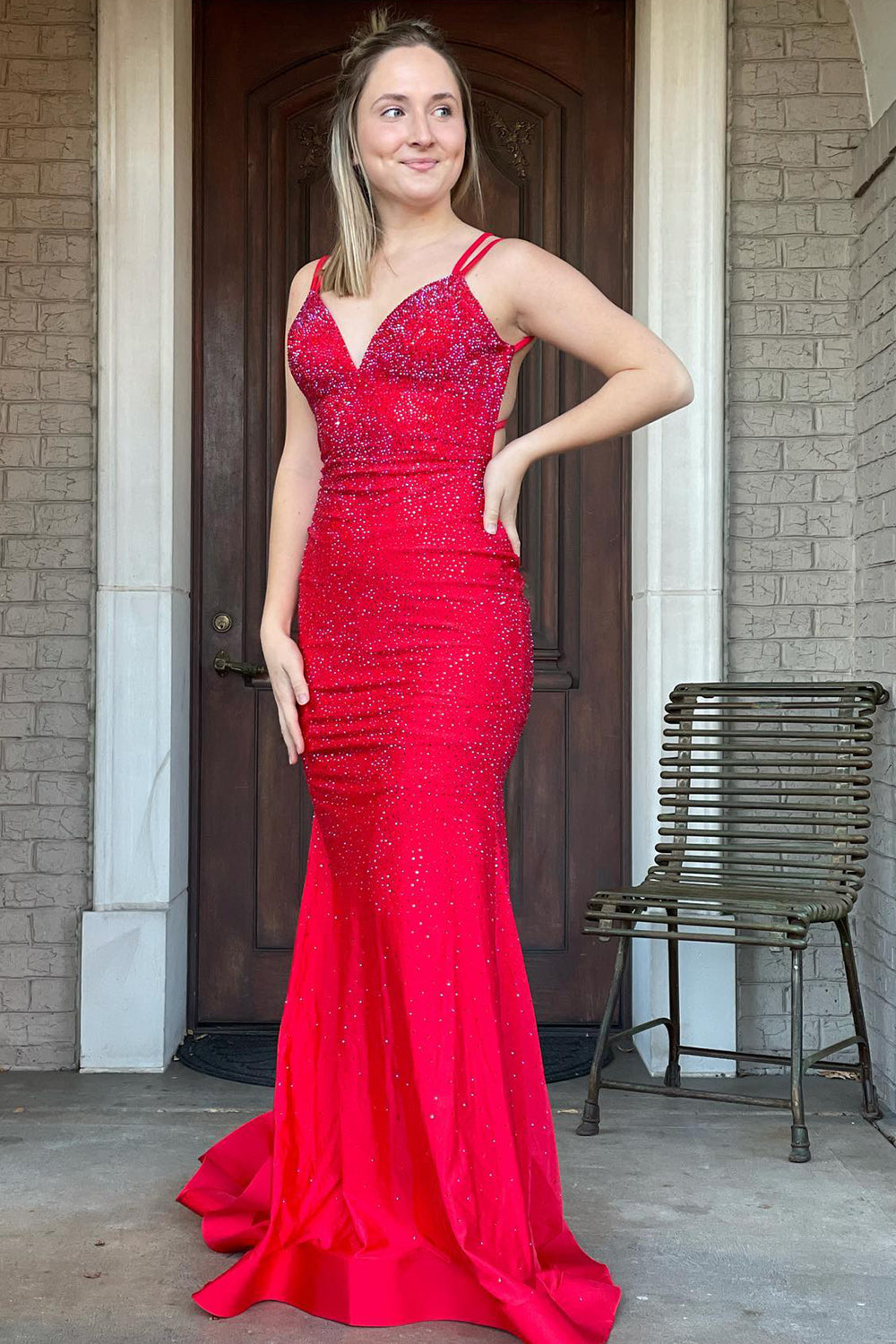 Mermaid Prom Dress with Lavender Rhinestone Spaghetti Straps
