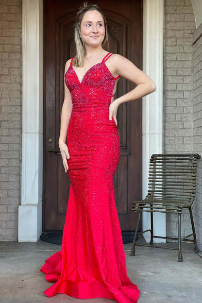 Mermaid Prom Dress with Lavender Rhinestone Spaghetti Straps